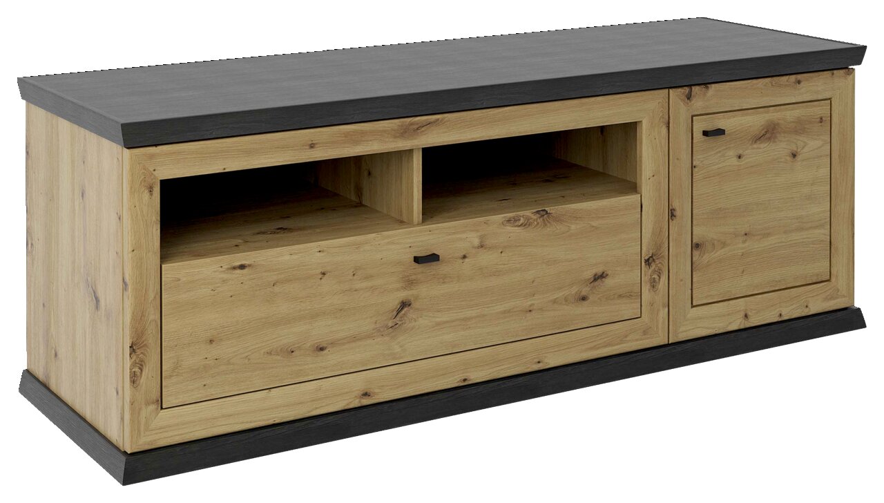 Hom´in TV-Lowboard BENTON TV-Lowboard aus Holz mit dunkler Oberseite, Schublade und Tür, seitliche Perspektive