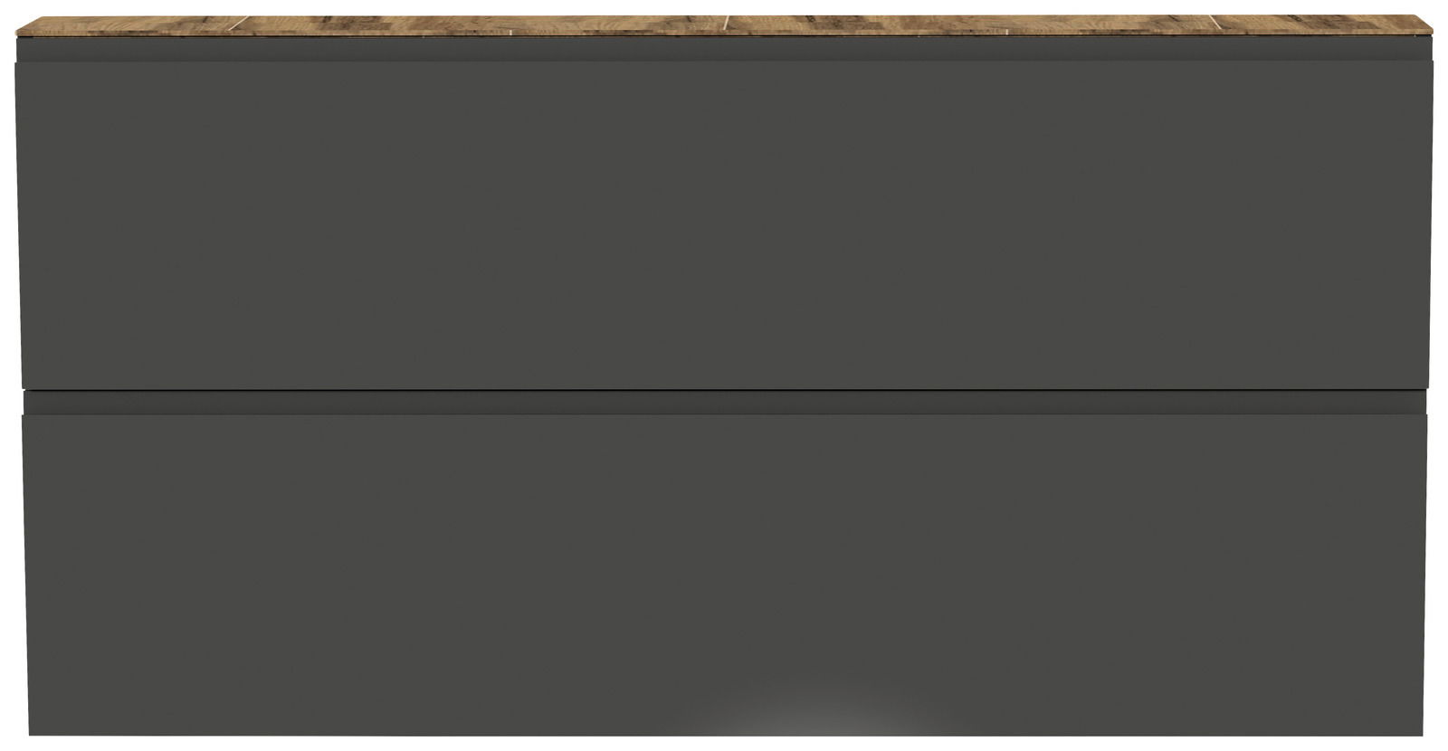 Frontansicht eines XL-Hängeschuhschranks mit zwei Klappen in dunklem Grau und einer Holzoberfläche.