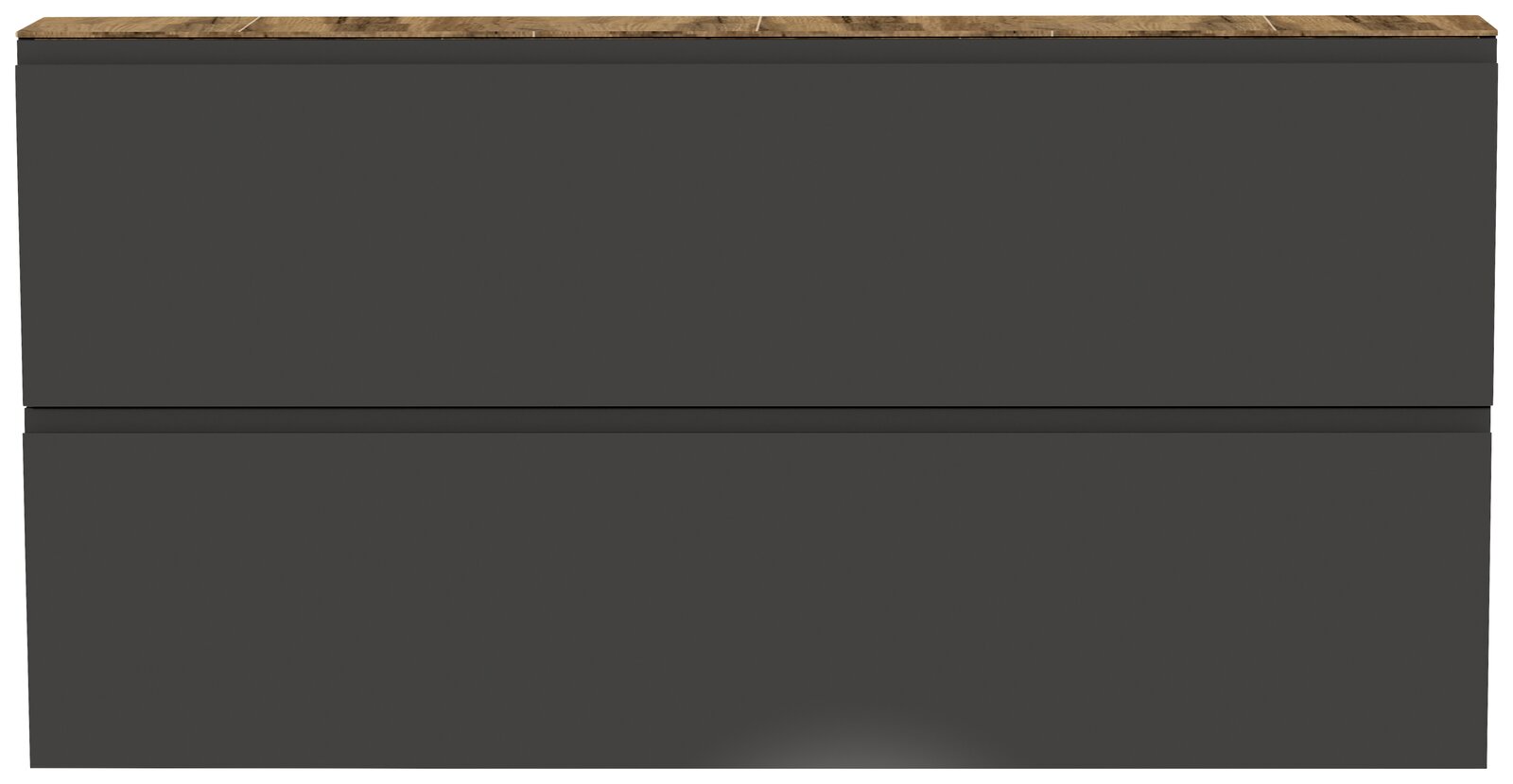 Frontansicht eines XL-Hängeschuhschranks mit zwei Klappen in dunklem Grau und einer Holzoberfläche.