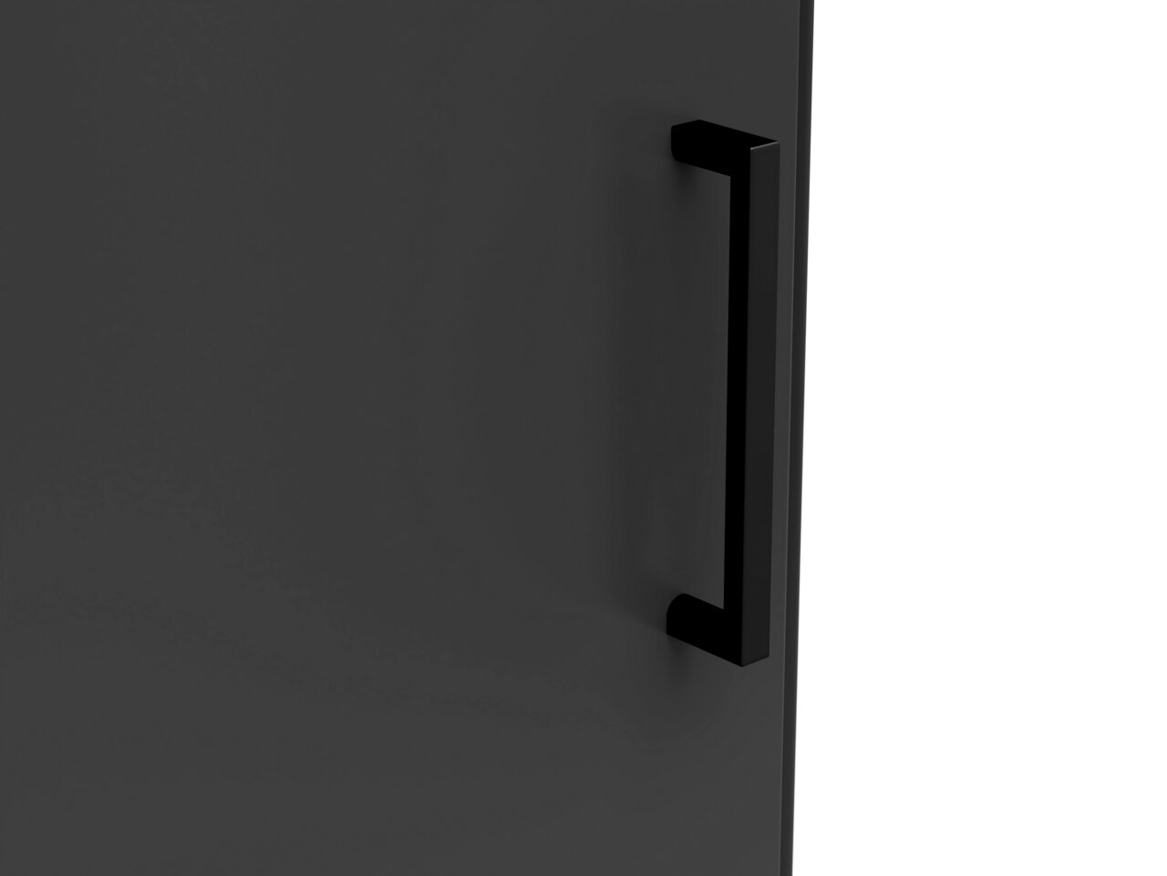 Nahaufnahme eines schwarzen Griffs an einer dunklen Oberfläche, seitliche Perspektive.