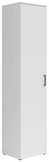 Weißer Mehrzweckschrank mit schwarzem Griff, perspektivisch von vorne rechts gesehen.