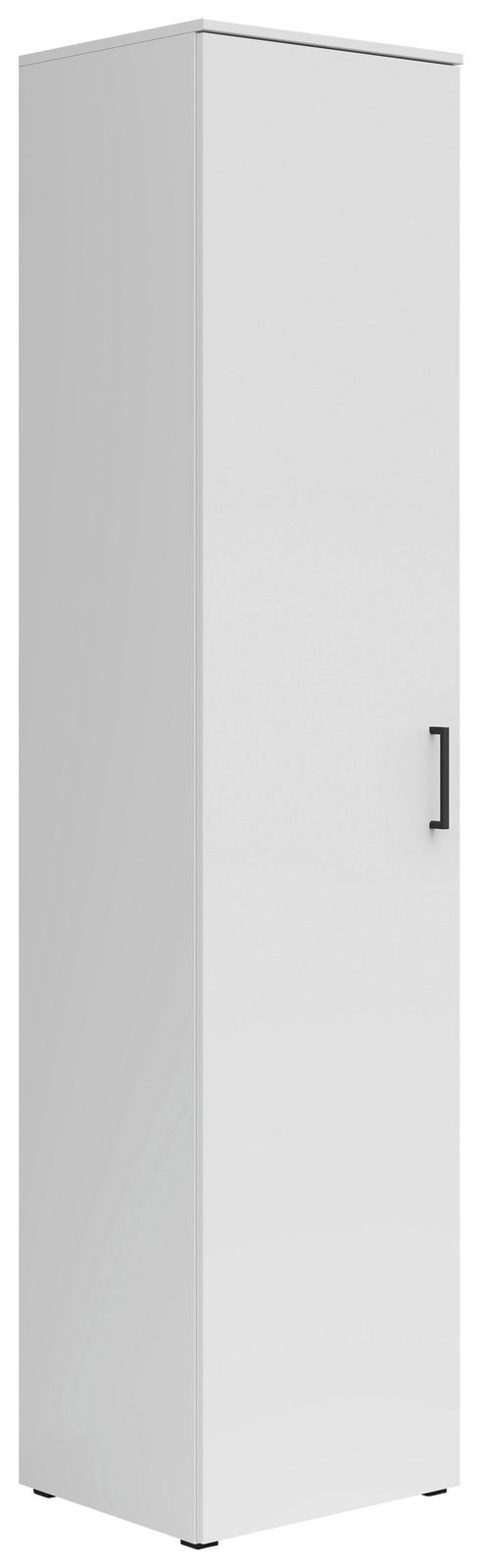 Weißer Mehrzweckschrank mit schwarzem Griff, perspektivisch von vorne rechts gesehen.