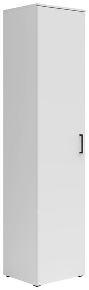 Weißer Mehrzweckschrank mit schwarzem Griff, perspektivisch von vorne rechts gesehen.