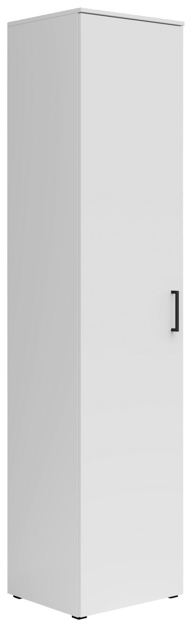 Weißer Mehrzweckschrank mit schwarzem Griff, perspektivisch von vorne rechts gesehen.