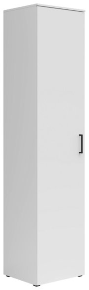 Weißer Mehrzweckschrank mit schwarzem Griff, perspektivisch von vorne rechts gesehen.