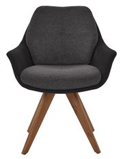 Moderner Armlehnstuhl mit grauem Stoffbezug und Holzbeinen, Frontalansicht