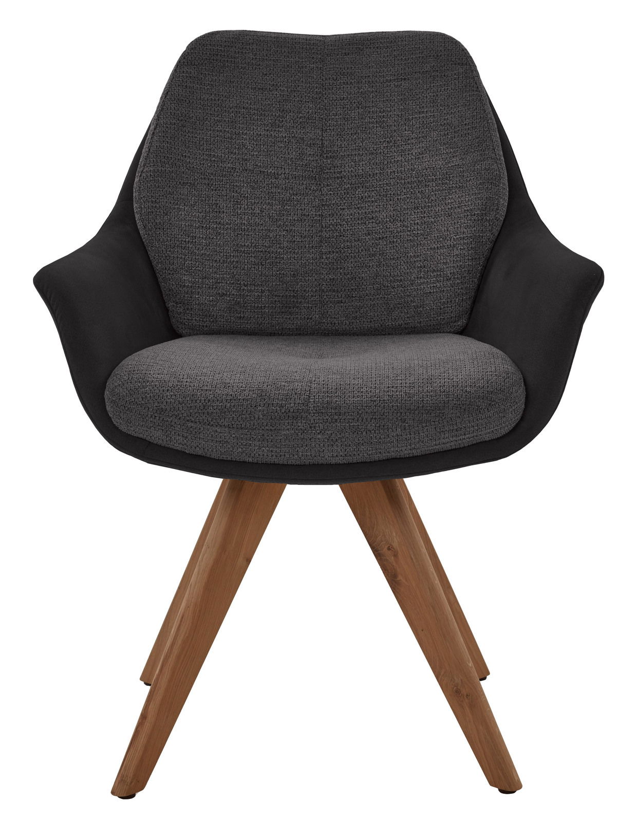 Moderner Armlehnstuhl mit grauem Stoffbezug und Holzbeinen, Frontalansicht