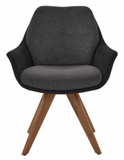 Moderner Armlehnstuhl mit grauem Stoffbezug und Holzbeinen, Frontalansicht