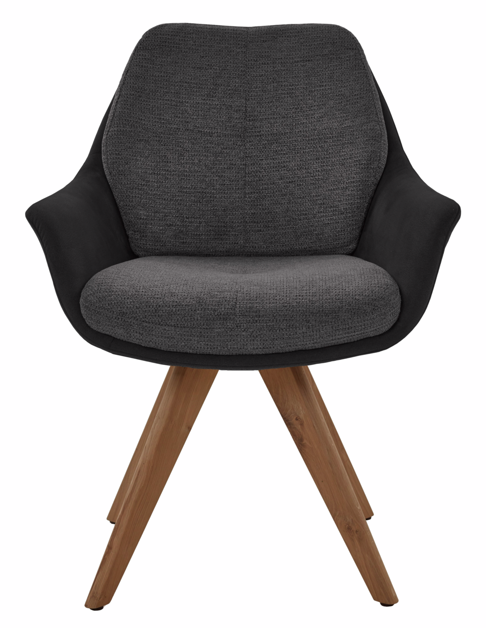 Moderner Armlehnstuhl mit grauem Stoffbezug und Holzbeinen, Frontalansicht