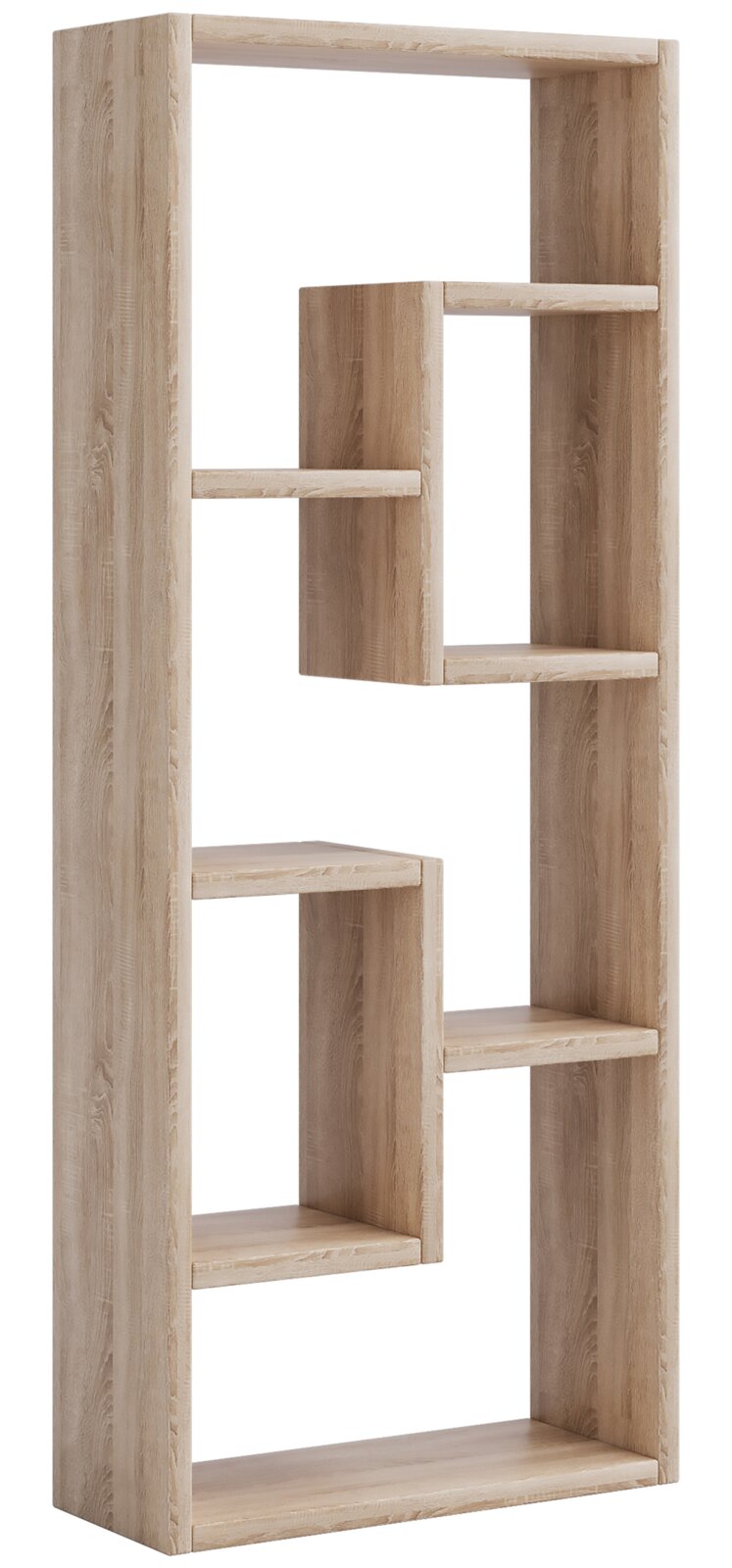 Modernes Standregal aus hellem Holz in geometrischem Design mit versetzten offenen Fächern, freigestellt auf Weiß, Ansicht leicht von vorne