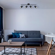 Moderner Deckenstrahler mit vier verstellbaren Leuchten, montiert in einem stilvoll eingerichteten Wohnzimmer. Perspektive von vorne.