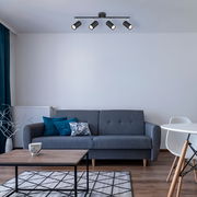 Moderner Deckenstrahler mit vier verstellbaren Leuchten, montiert in einem stilvoll eingerichteten Wohnzimmer. Perspektive von vorne.