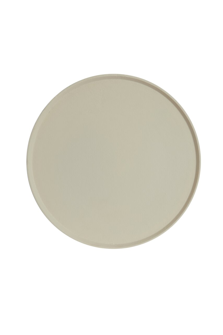 Ronde crèmekleurige schaal met een diameter van 40 cm, gezien van bovenaf.
