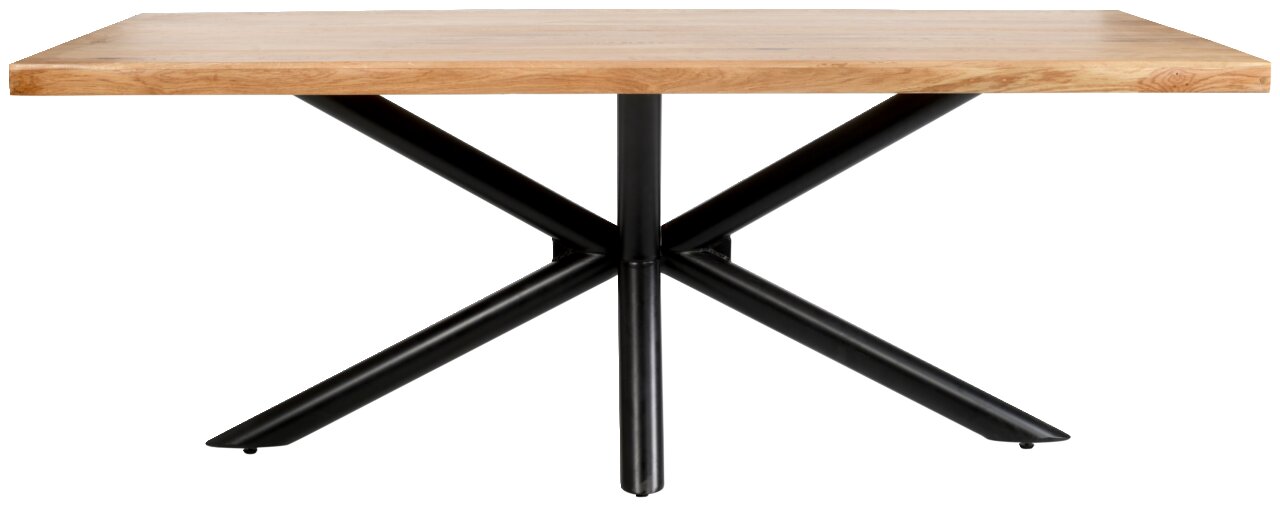 Moderner Esstisch mit Holzplatte und schwarzem Metallgestell, Frontalansicht