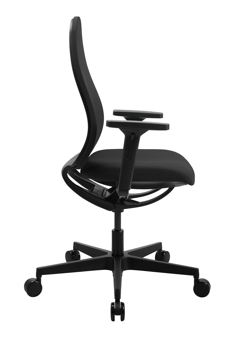 Schwarzer Bürostuhl mit ergonomischem Design, Seitenansicht