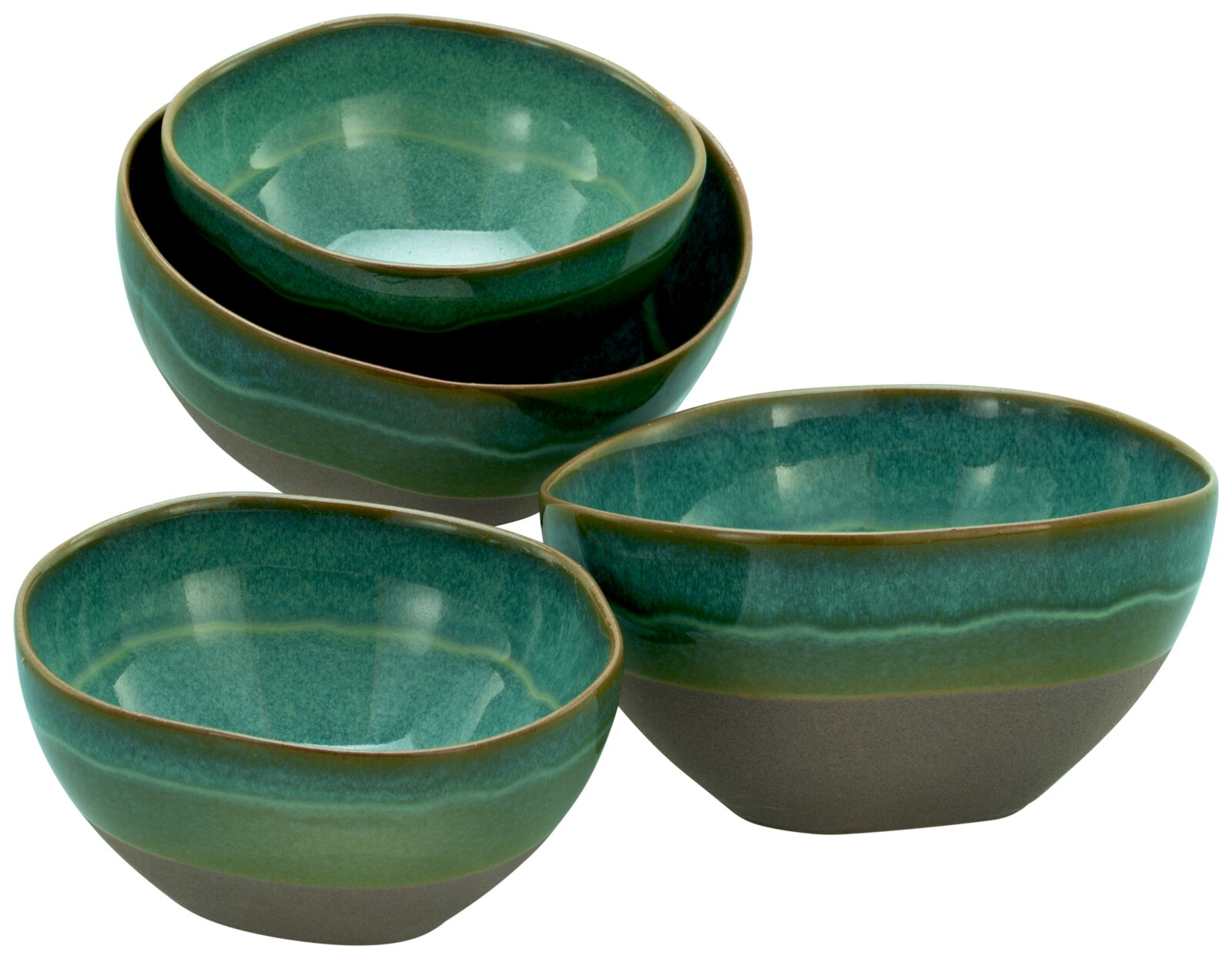 Creatable Bowl 4-tlg BASALT BIO Vier stapelbare Keramikschalen in Grün/Türkis mit braunem Rand und grauem Unterteil, schräg von vorne in leichter Aufsicht fotografiert