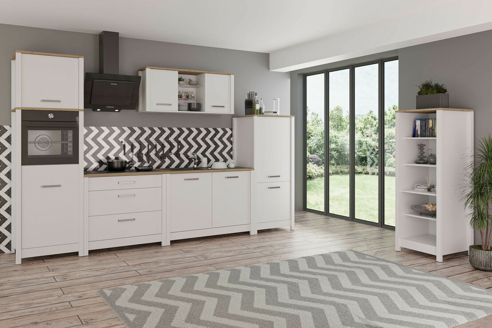 Moderne Küche mit weißem Spülenunterschrank SORBA, Holzarbeitsplatte und Zickzack-Muster an der Wand, seitliche Perspektive.