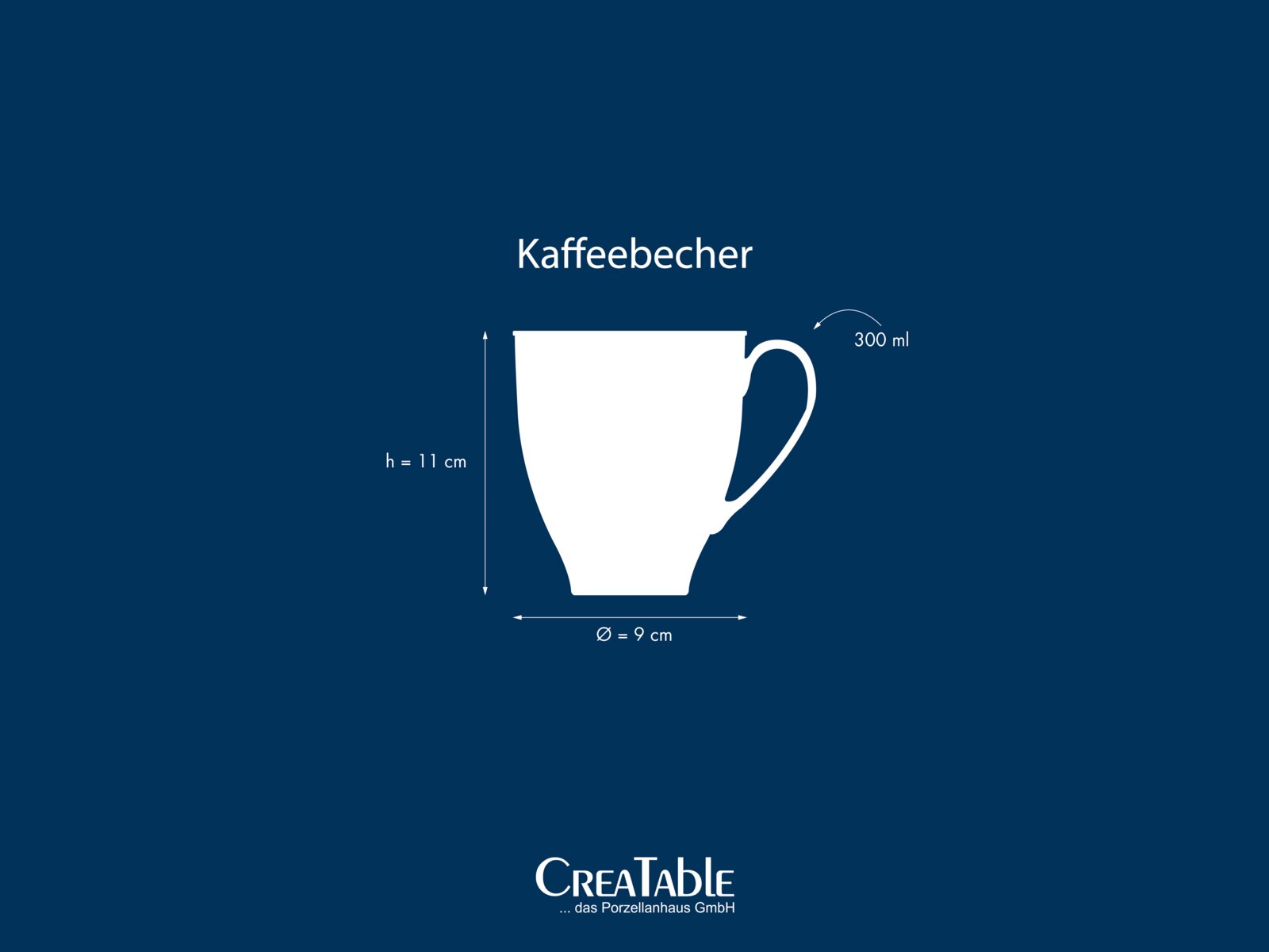 Weiße Kaffee-/Teetasse mit Henkel, 300 ml Fassungsvermögen, Höhe 11 cm und Durchmesser 9 cm, als schematische Seitenansicht auf blauem Hintergrund.