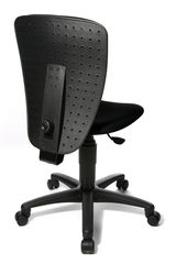 Rückansicht eines schwarzen Kinder- und Jugendstuhls mit verstellbarer Rückenlehne und Rollen.