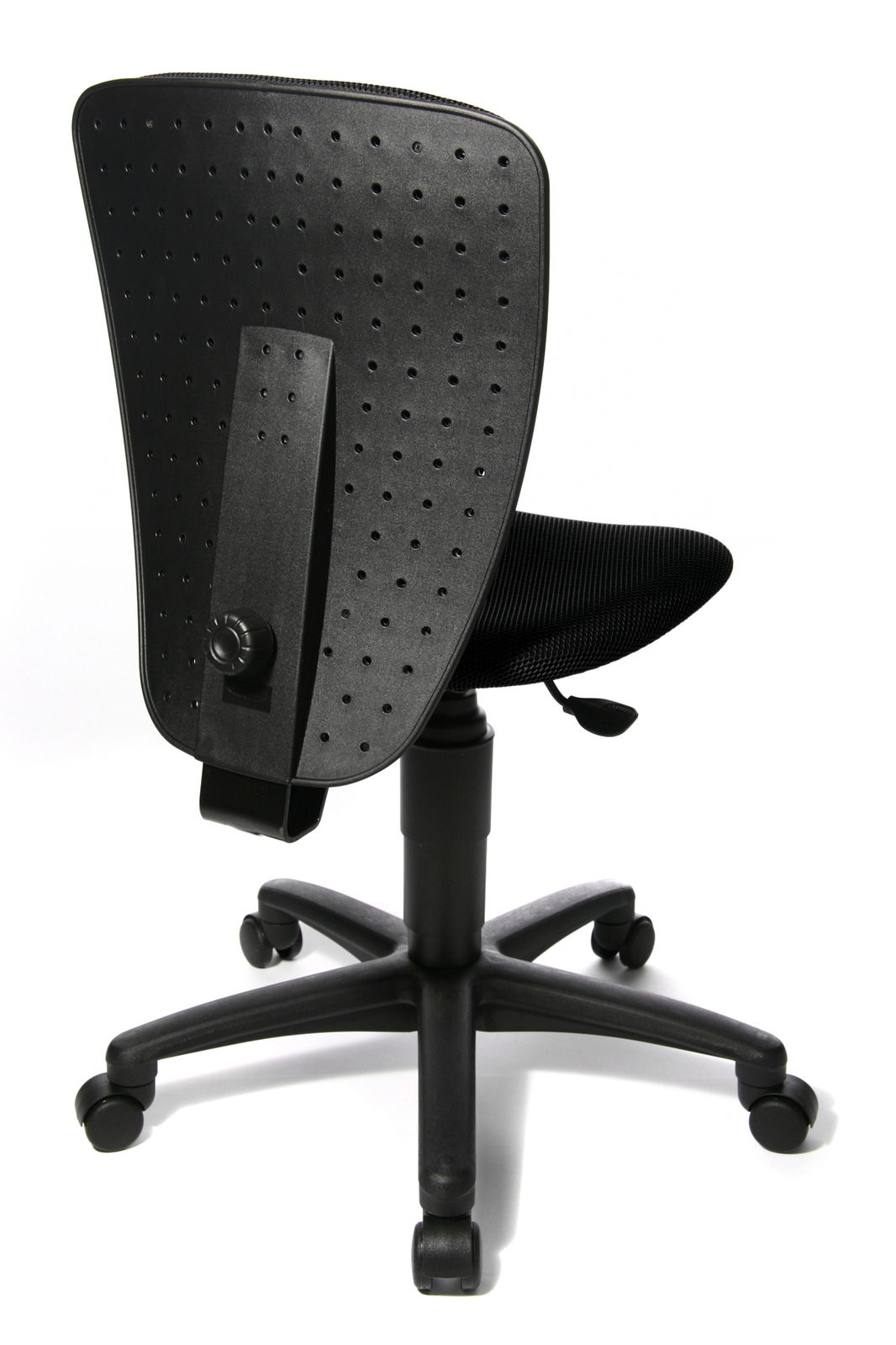 Rückansicht eines schwarzen Kinder- und Jugendstuhls mit verstellbarer Rückenlehne und Rollen.