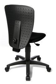 Rückansicht eines schwarzen Kinder- und Jugendstuhls mit verstellbarer Rückenlehne und Rollen.