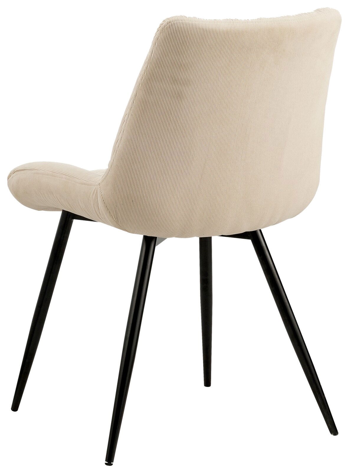 Rückansicht eines modernen Stuhls mit beigem Stoffbezug und schwarzen Metallbeinen.