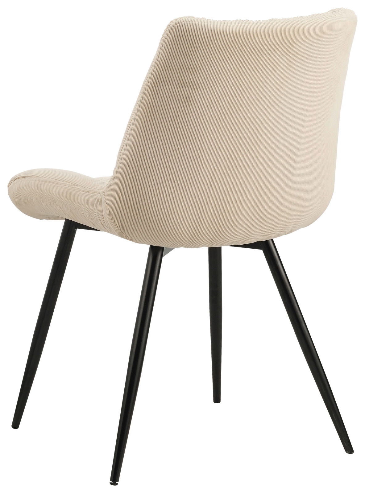 Rückansicht eines modernen Stuhls mit beigem Stoffbezug und schwarzen Metallbeinen.