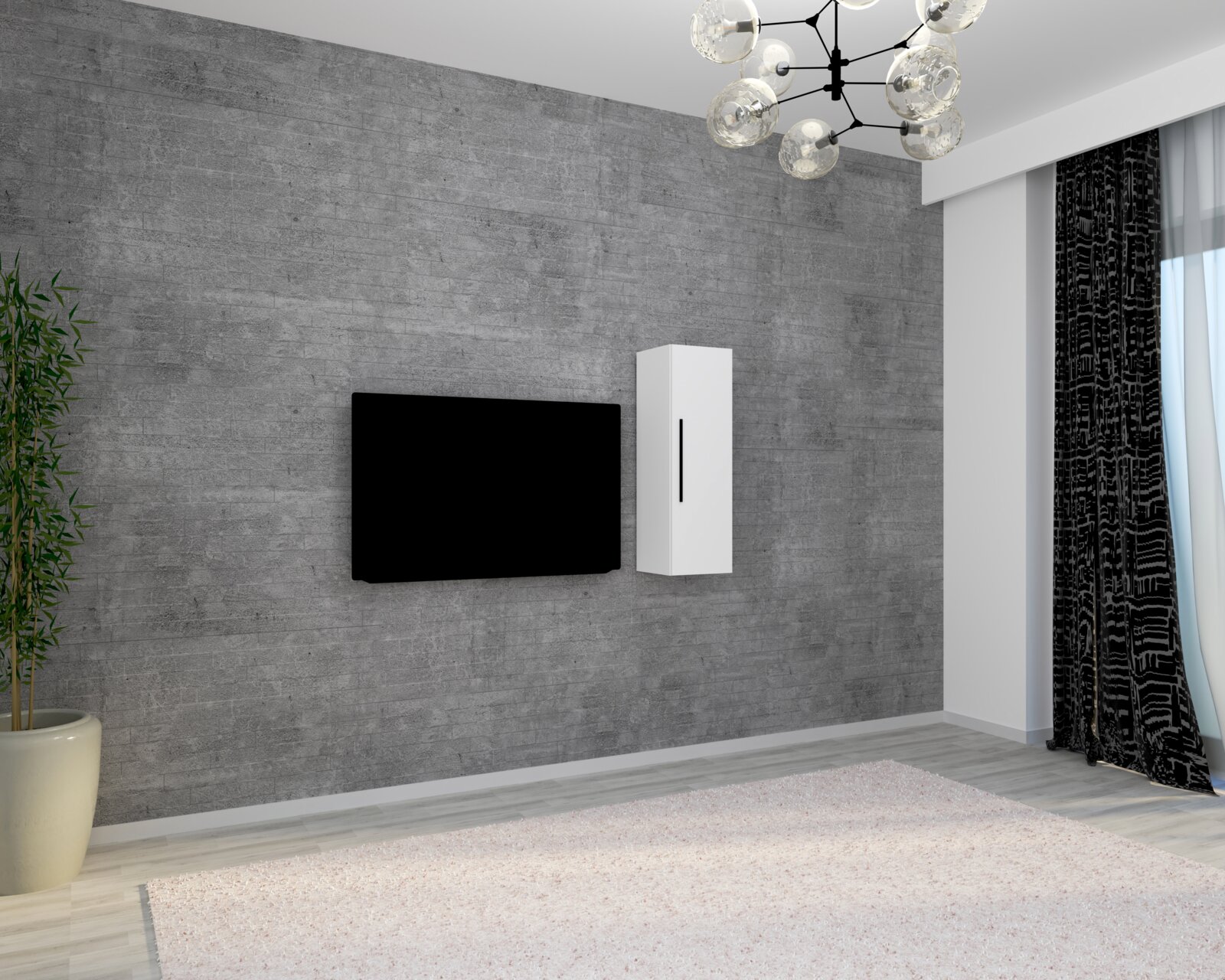 Modernes Wohnzimmer mit grauer Betonwand, links wandmontierter schwarzer Flachbildfernseher und rechts schlanker weißer Wand-Schrank/Medienpanel Ansicht leicht schräg von vorn.