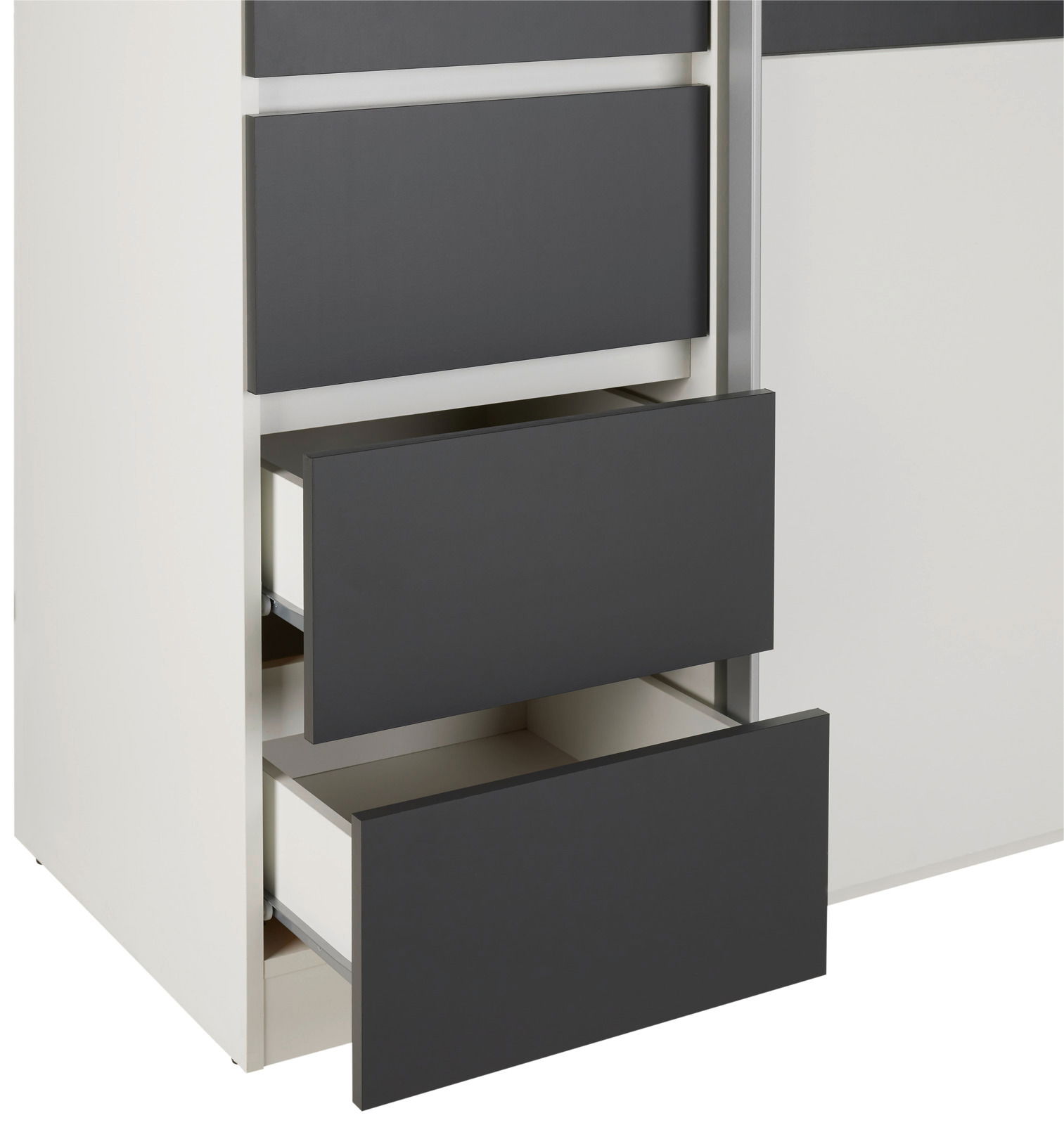 Nahaufnahme eines Dreh- und Schwebetürenschranks mit vier Schubladen in modernem Design, teilweise geöffnet, aus seitlicher Perspektive.