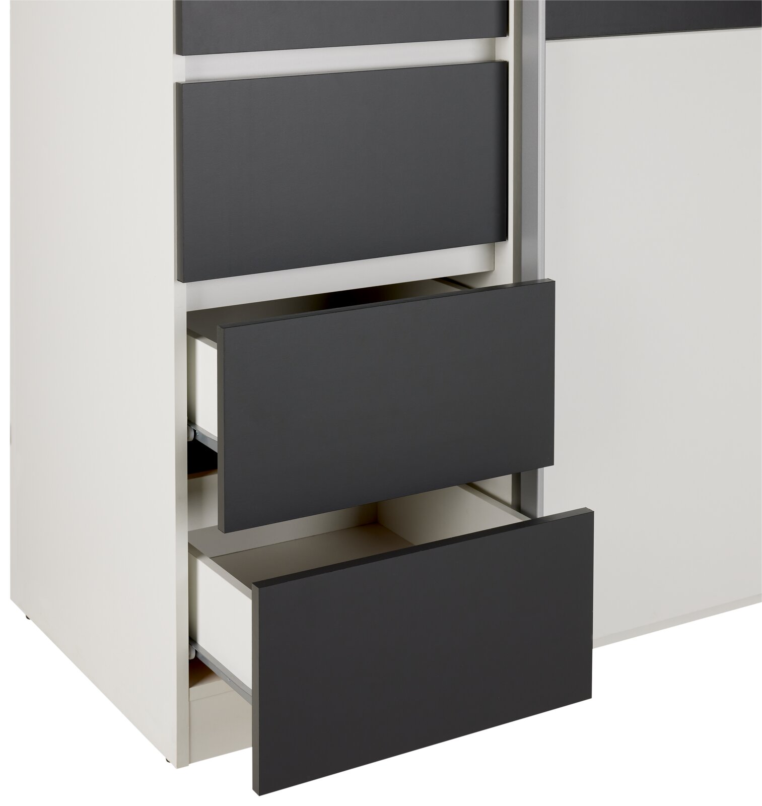 Nahaufnahme eines Dreh- und Schwebetürenschranks mit vier Schubladen in modernem Design, teilweise geöffnet, aus seitlicher Perspektive.
