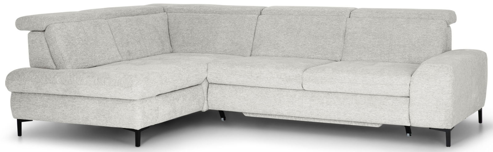 Graues Ecksofa mit modernem Design, abgebildet aus einer frontalen Perspektive.