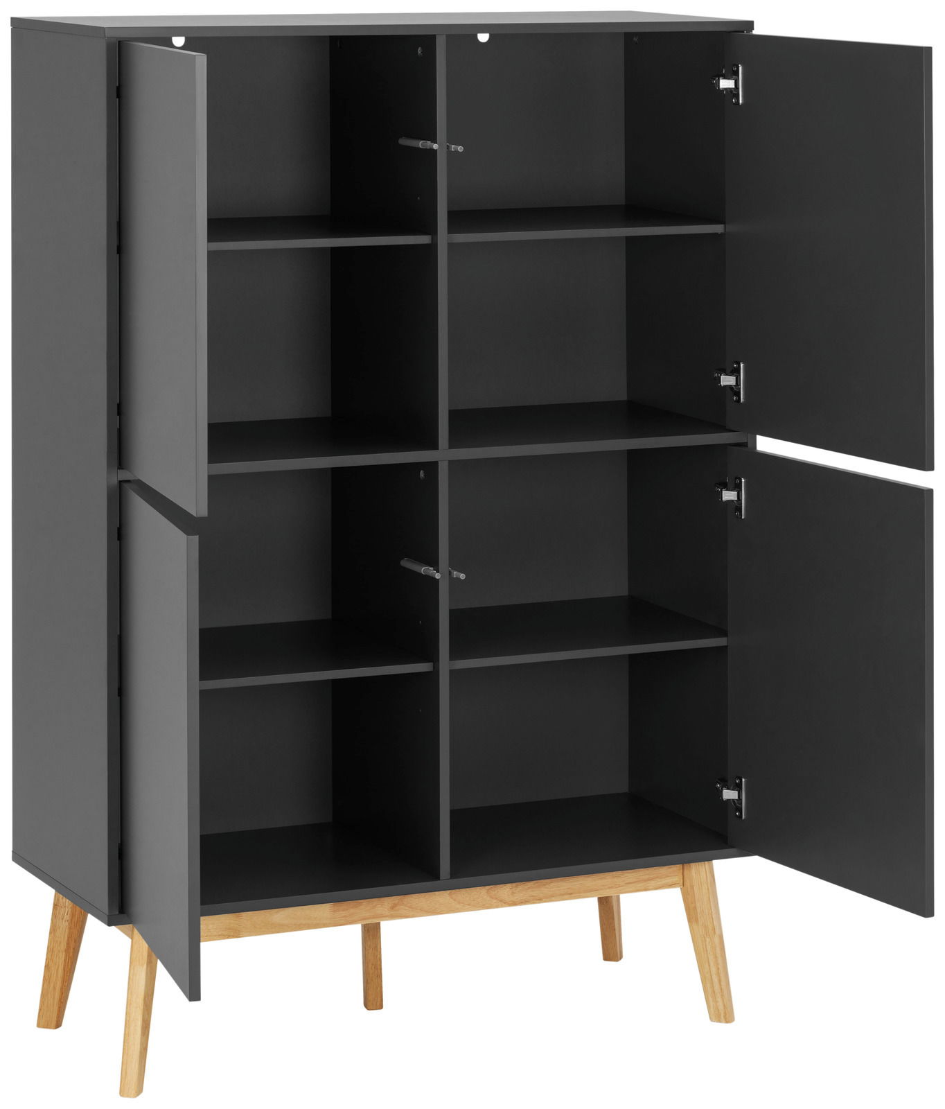Modernes Highboard mit offenen Türen, schwarze Oberfläche und Holzbeine, Frontalansicht