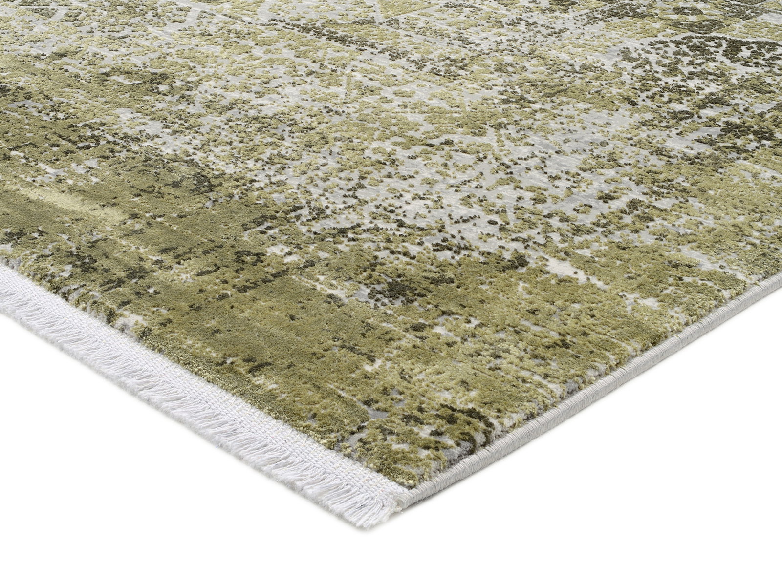 Designer Teppich in Grün- und Grautönen, Nahaufnahme aus seitlicher Perspektive