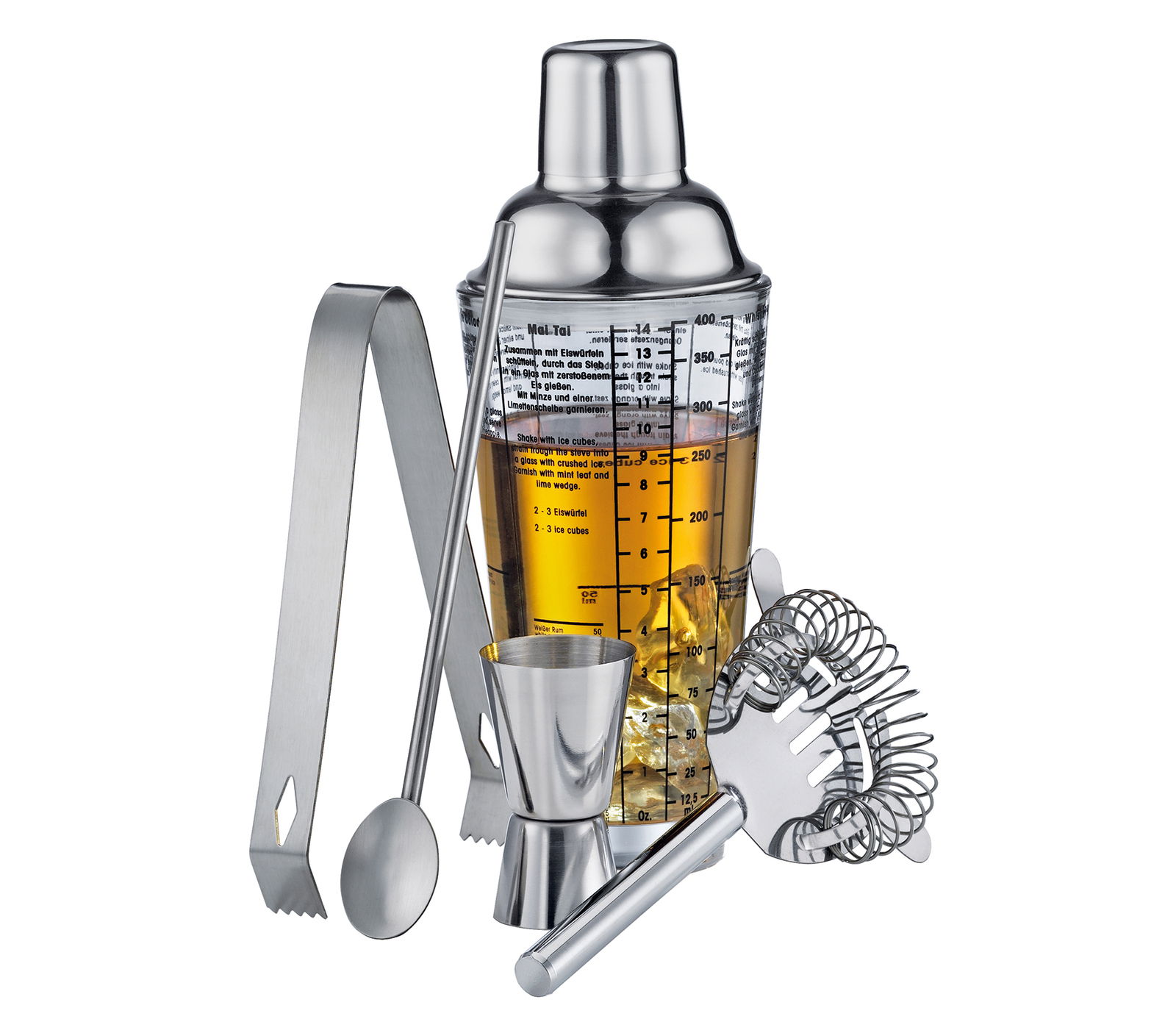Bar Set Cosmopolitan 5-teilig, bestehend aus einem Cocktailshaker mit Messskala, einem Jigger, einem Barlöffel, einer Eiszange und einem Barsieb, frontal abgebildet.