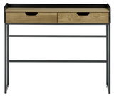Moderner Konsolentisch mit zwei Schubladen aus Holz und einem schwarzen Metallrahmen, Frontalansicht.