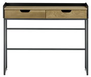 Moderner Konsolentisch mit zwei Schubladen aus Holz und einem schwarzen Metallrahmen, Frontalansicht.