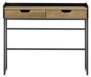 Moderner Konsolentisch mit zwei Schubladen aus Holz und einem schwarzen Metallrahmen, Frontalansicht.