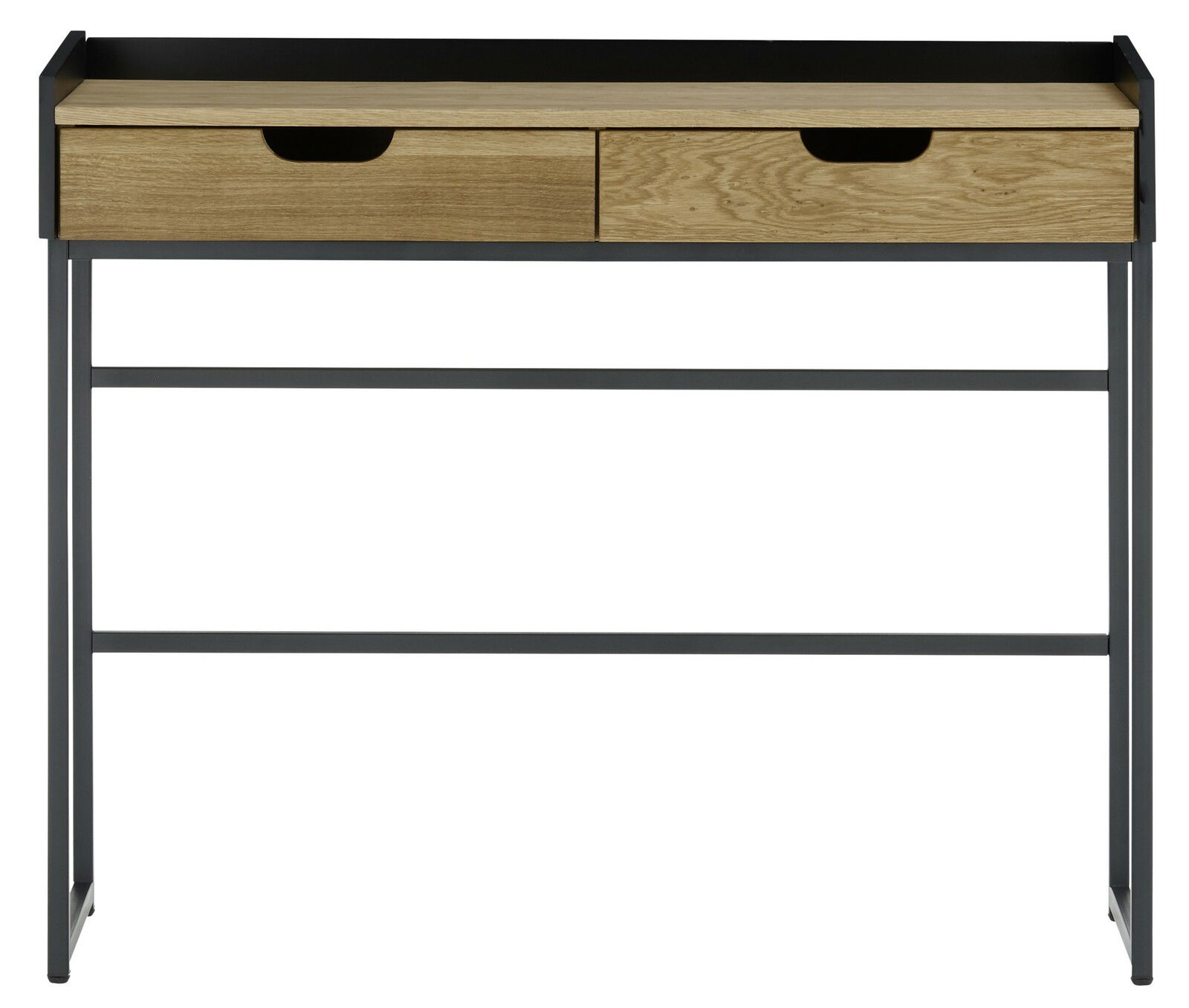 Moderner Konsolentisch mit zwei Schubladen aus Holz und einem schwarzen Metallrahmen, Frontalansicht.
