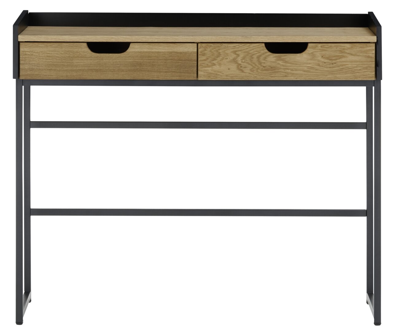Moderne consoletafel met twee houten lades en een zwart metalen frame, gezien van voren.