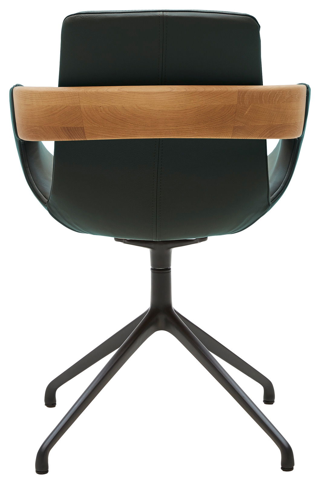 Rückansicht eines Sessels mit schwarzem Lederbezug, Holzrückenlehne und schwarzem Metallfußgestell.