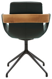 Rückansicht eines Sessels mit schwarzem Lederbezug, Holzrückenlehne und schwarzem Metallfußgestell.