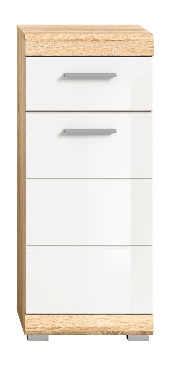 Moderner Standschrank mit drei weißen Schubladen und Holzoptik an Ober- und Unterseite, Frontalansicht.