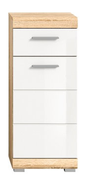 Moderner Standschrank mit drei weißen Schubladen und Holzoptik an Ober- und Unterseite, Frontalansicht.