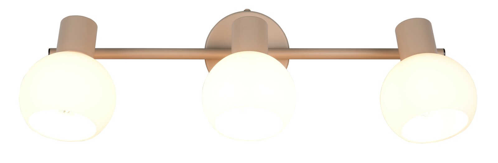 Dreiflammiger Strahler mit runden, weißen Lampenschirmen, seitliche Perspektive