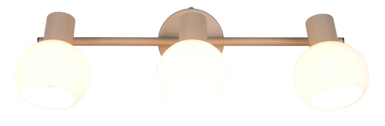 Dreiflammiger Strahler mit runden, weißen Lampenschirmen, seitliche Perspektive