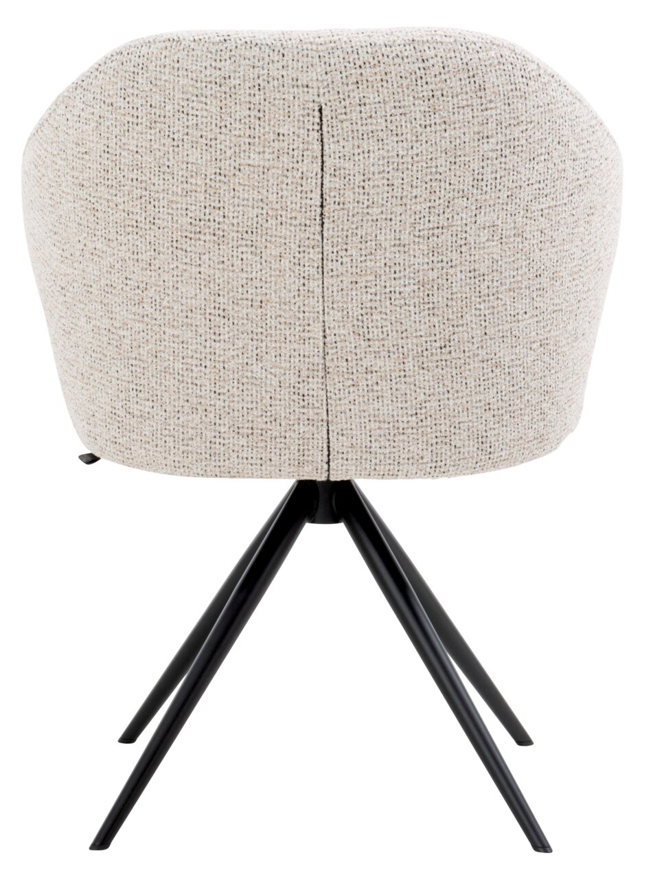 Rückansicht eines Armlehnstuhls mit beigem Stoffbezug und schwarzen Metallbeinen.