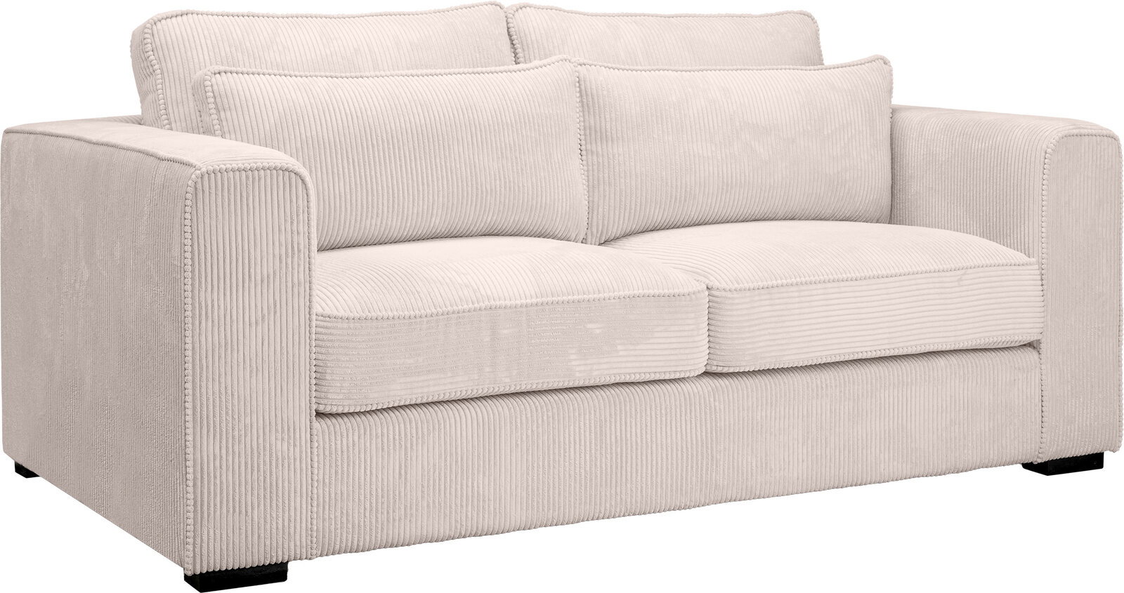 Beiges 2-Sitzer-Sofa mit Cordbezug, breiten Armlehnen und zwei Sitz- sowie Rückenkissen, freigestellt auf weißem Hintergrund, Ansicht schräg von vorne