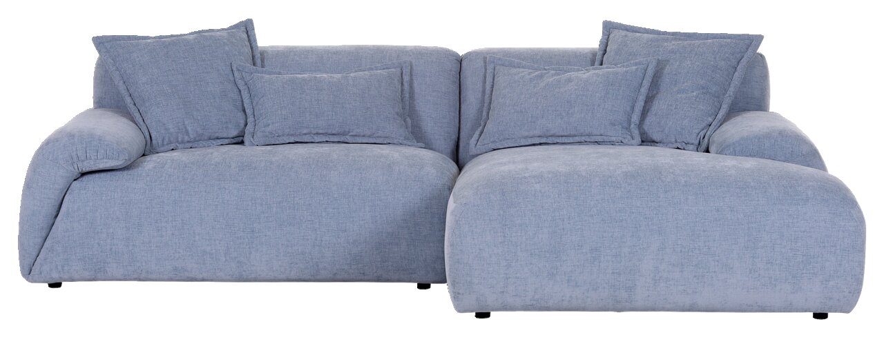 Graues Ecksofa PONTO mit runden Ecken und mehreren Kissen, Frontalansicht.