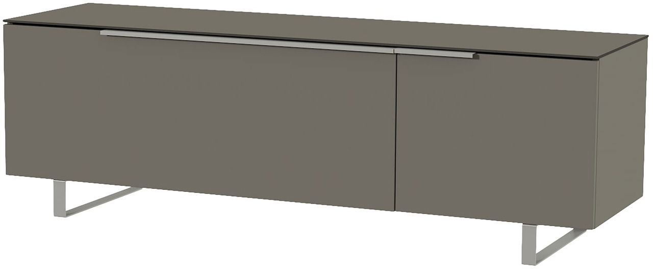 Modernes TV-Lowboard in grauer Farbe mit Metallbeinen, seitliche Perspektive