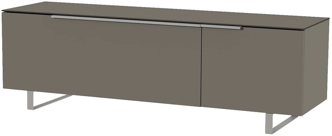 Modernes TV-Lowboard in grauer Farbe mit Metallbeinen, seitliche Perspektive